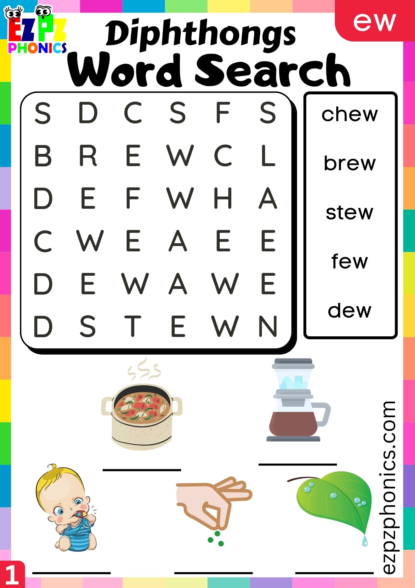 ew Diphthongs Word Search Write and Find the Words Worksheet
